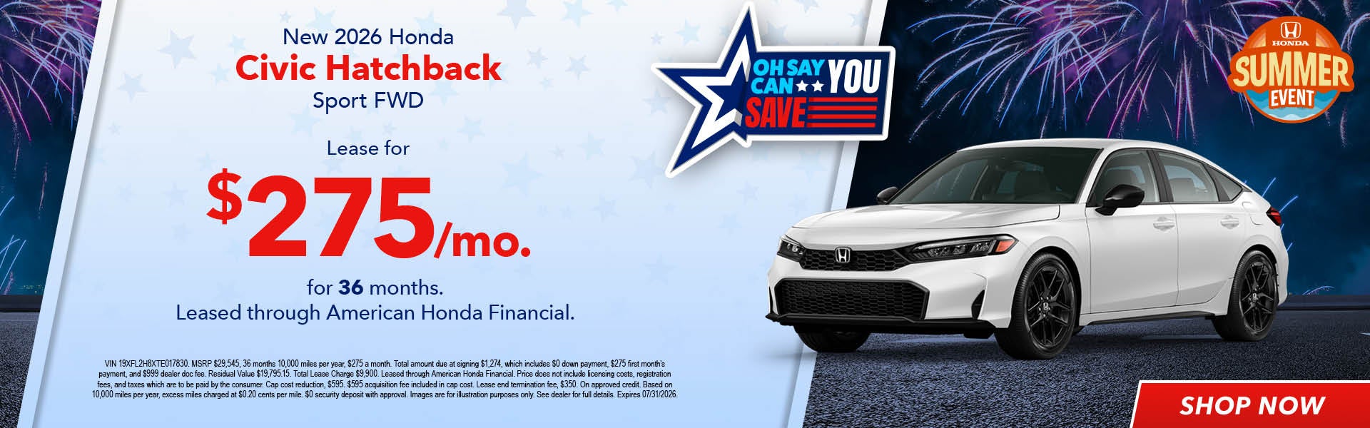 2026 Honda Civic Hatchback Lease